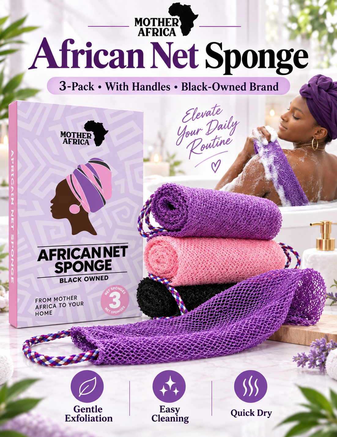 MOTHER AFRICA African Net Sponge with Handles, Black-Owned Brand