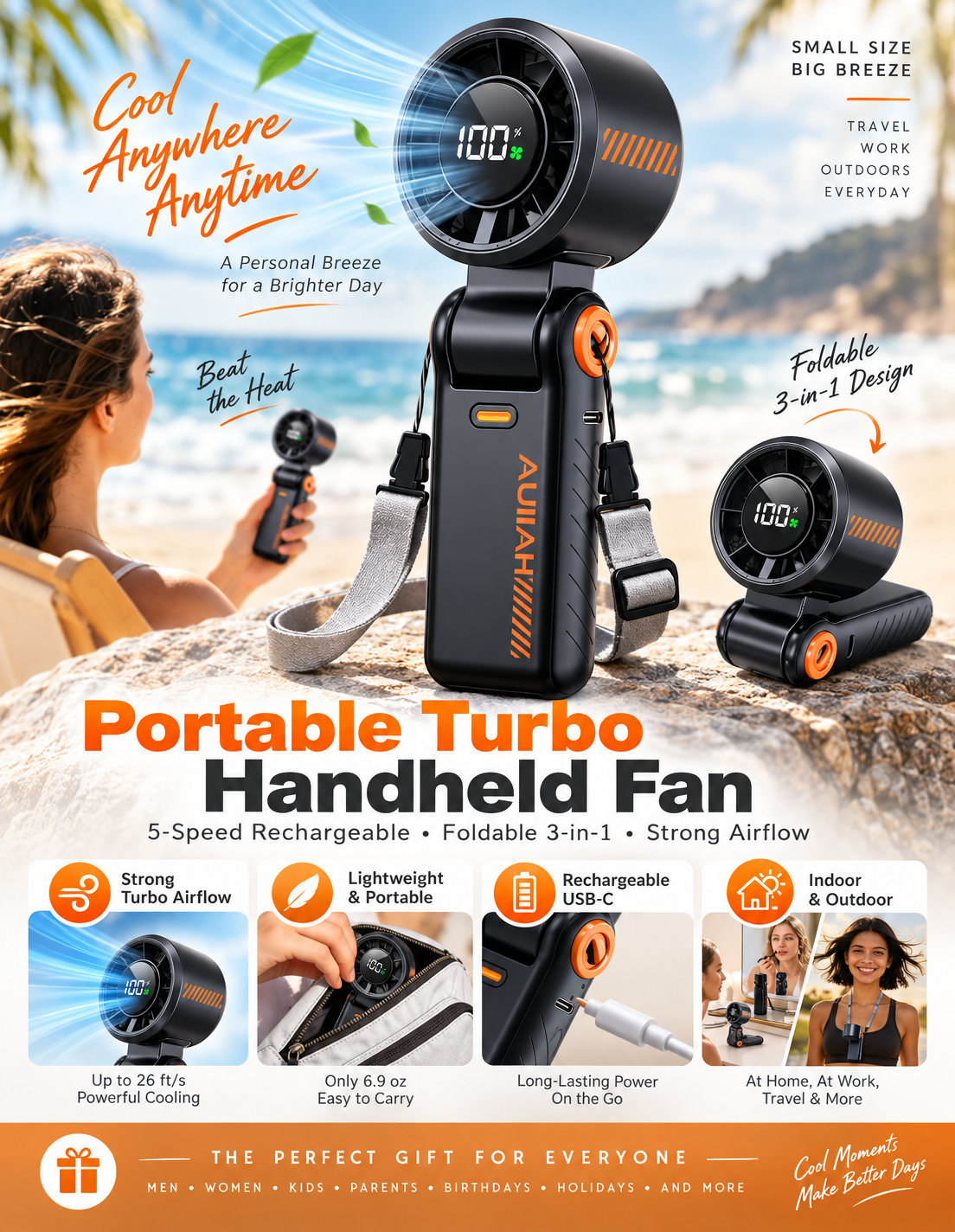 Portable Turbo Handheld Fan | 5-Speed Rechargeable