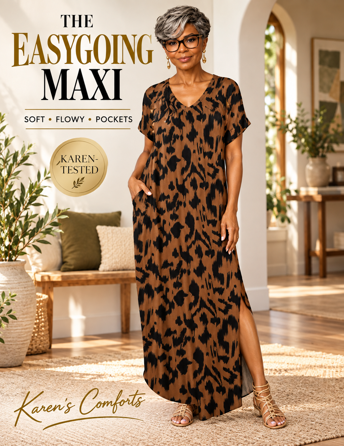 Easygoing Black and Brown Animal Print Maxi Dress with Pockets